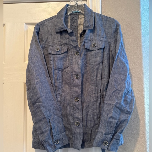 J. McLaughlin Shirt Womens XS Blue Linen Chambray Button Up Coastal Pockets - Picture 2 of 11